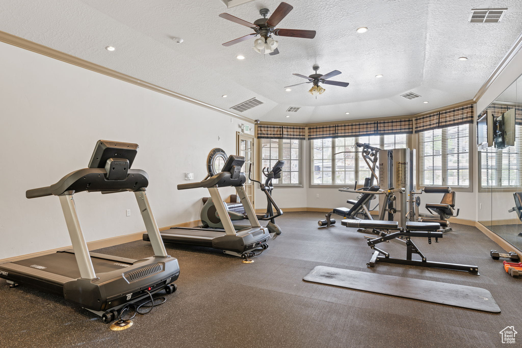 Gym featuring ornamental molding, a textured ceiling, ceiling fan, and a tray ceiling