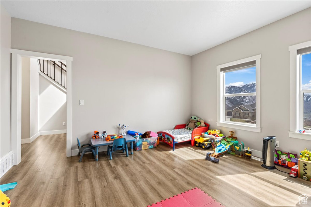 Recreation room with a healthy amount of sunlight and light hardwood / wood-style floors