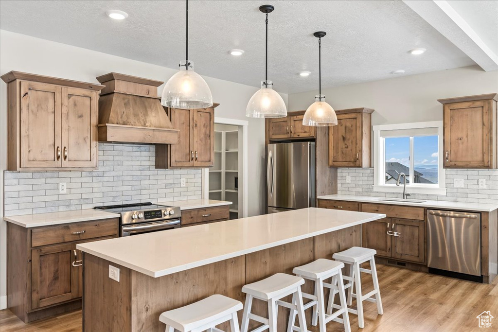 Kitchen featuring premium range hood, a kitchen island, light hardwood / wood-style flooring, appliances with stainless steel finishes, and sink