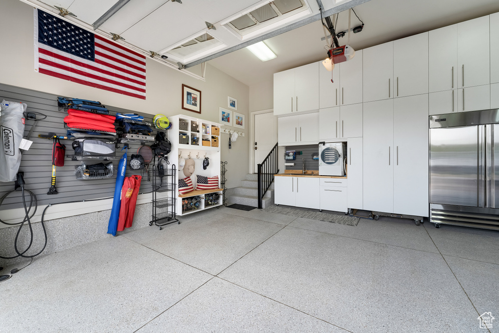 Garage with stainless steel built in fridge