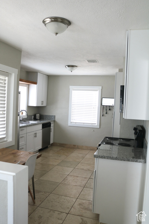 Kitchen featuring white cabinets, light tile flooring, dishwasher, and a wealth of natural light