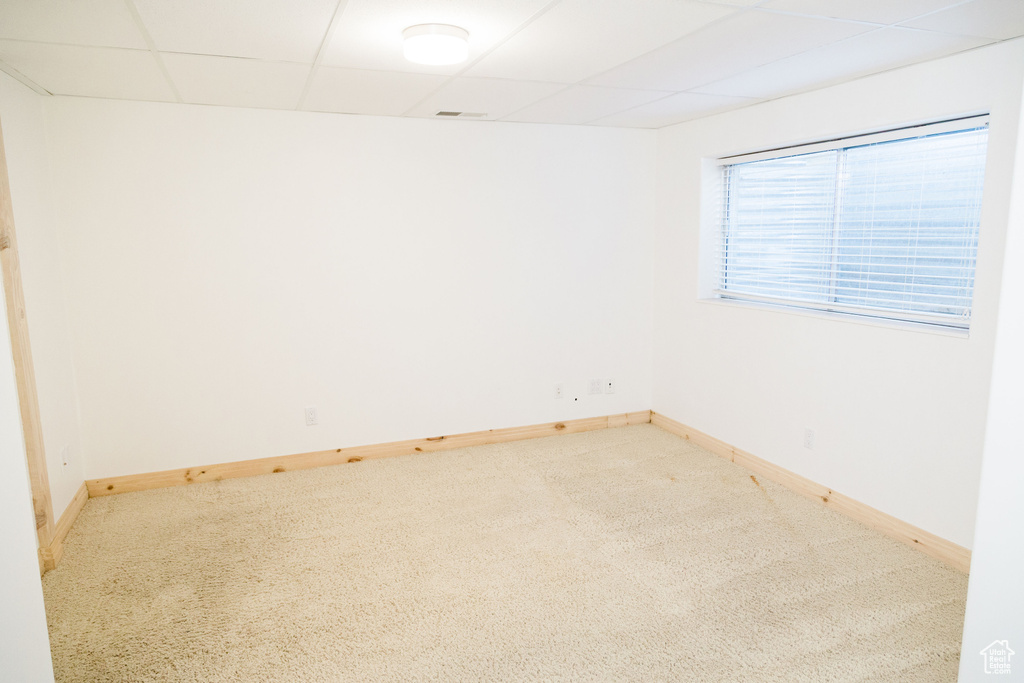 Empty room with a drop ceiling and light colored carpet