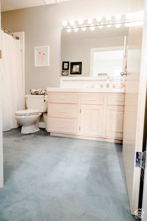 Bathroom featuring toilet, vanity, and concrete flooring