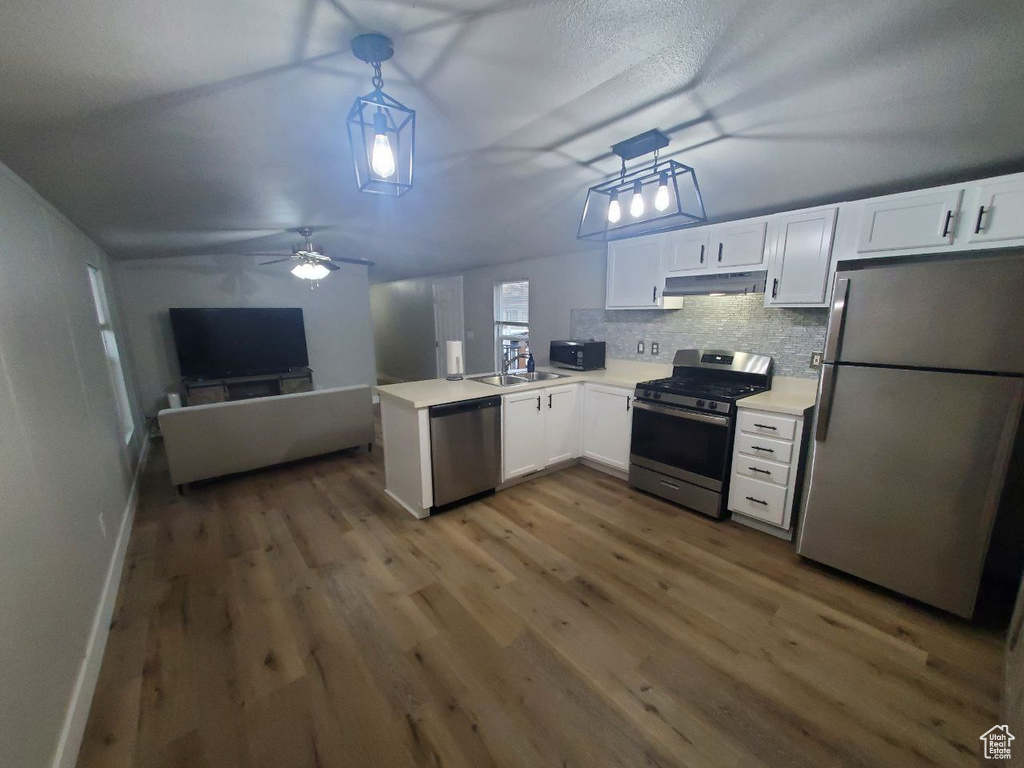Kitchen with stainless steel appliances, white cabinets, ceiling fan, and dark wood-type flooring