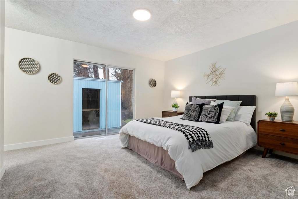 Bedroom featuring light carpet, a textured ceiling, and access to outside
