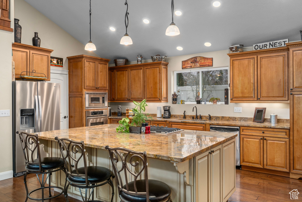 Kitchen featuring dark hardwood / wood-style flooring, appliances with stainless steel finishes, a kitchen island, and decorative light fixtures