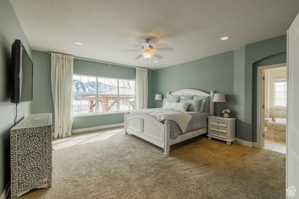 Carpeted bedroom with ensuite bathroom and ceiling fan