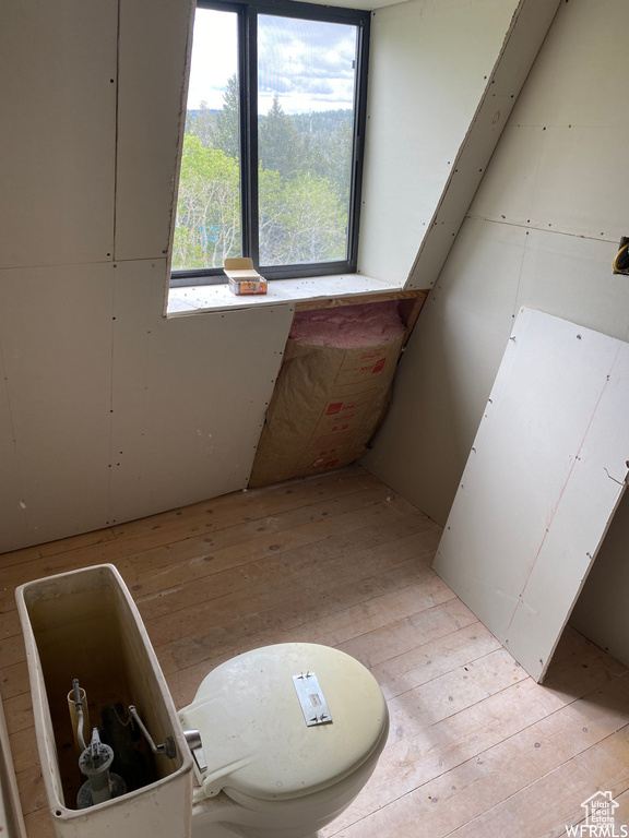 Interior space with hardwood / wood-style floors and toilet