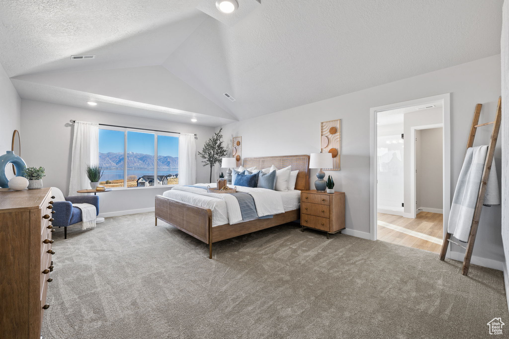 Bedroom featuring a mountain view, ensuite bathroom, vaulted ceiling, and light colored carpet