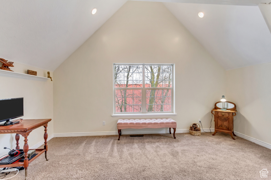 Sitting room with light carpet and lofted ceiling