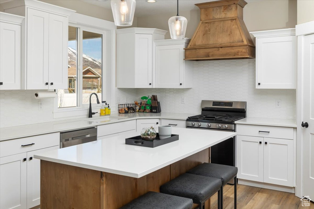 Kitchen with backsplash, decorative light fixtures, custom range hood, and stainless steel appliances