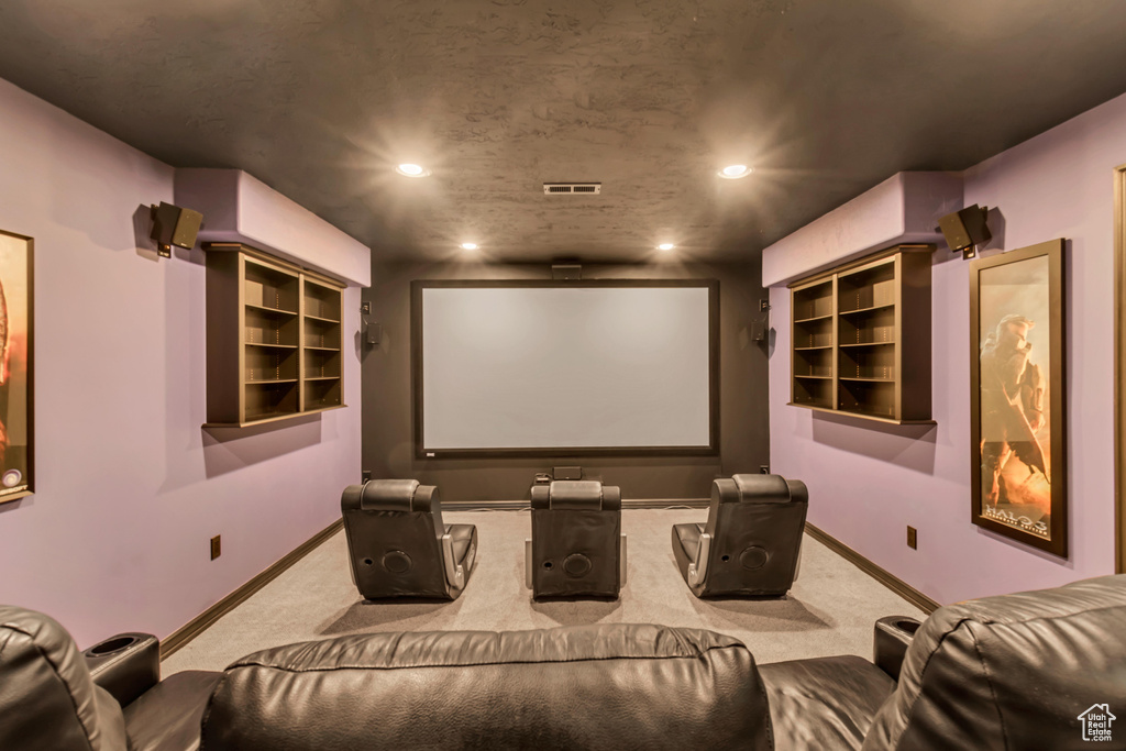 Home theater room featuring light carpet and built in features