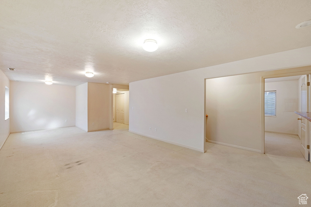 Basement with light colored carpet, a healthy amount of sunlight, and a textured ceiling