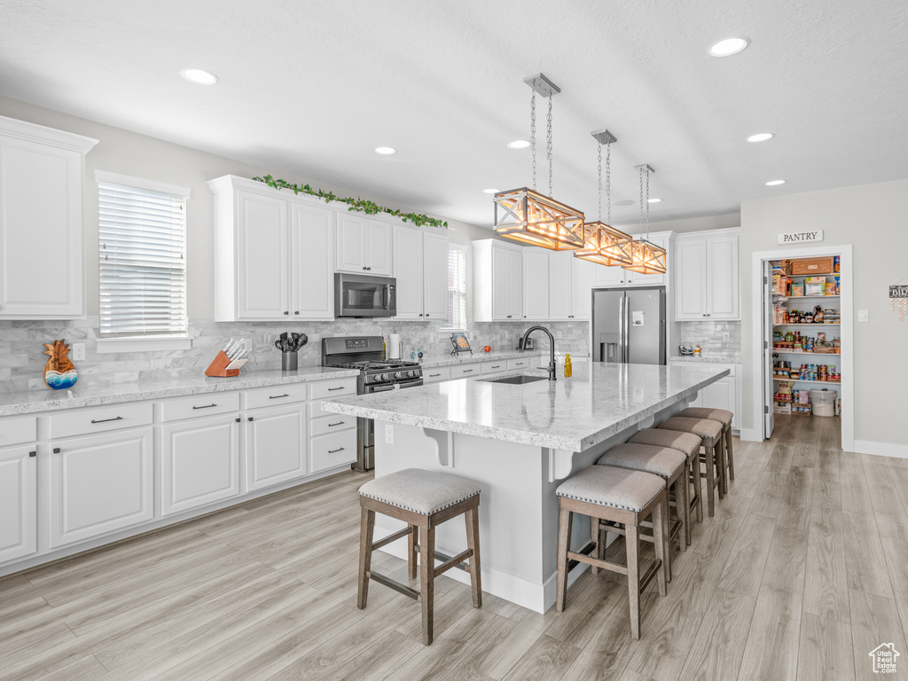 Kitchen with hanging light fixtures, stainless steel appliances, tasteful backsplash, light hardwood / wood-style floors, and an island with sink