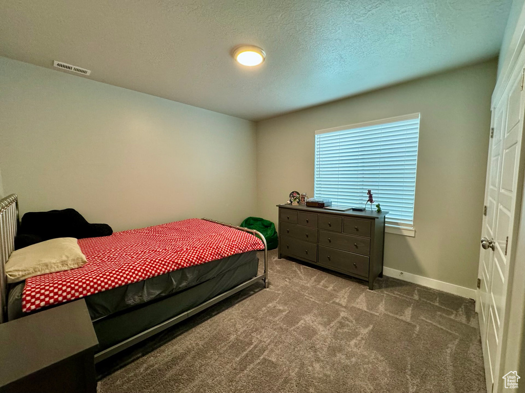 Carpeted bedroom featuring a textured ceiling