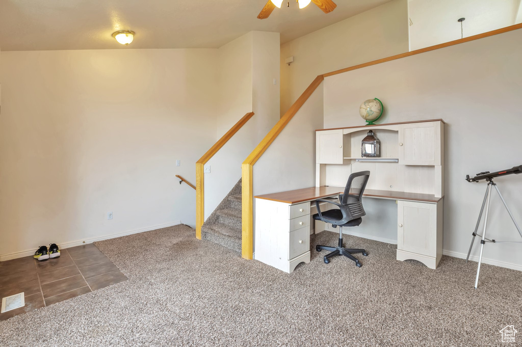 Unfurnished office with carpet floors and ceiling fan