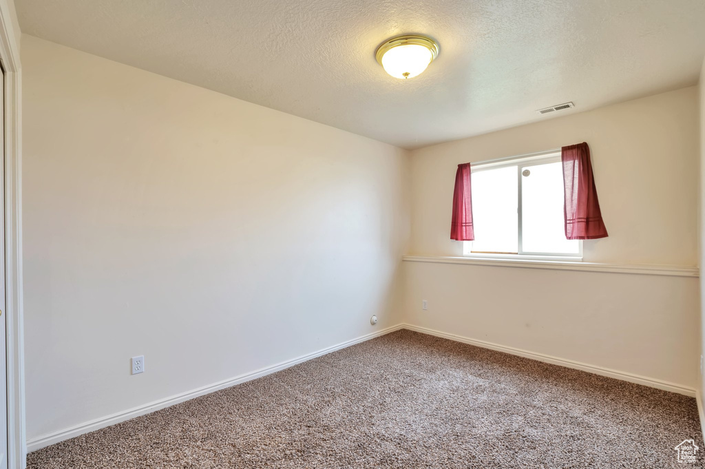 Unfurnished room featuring carpet and a textured ceiling