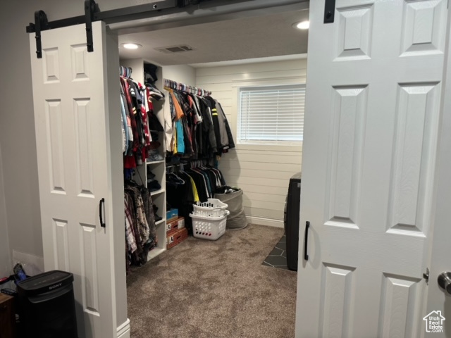 Spacious closet featuring a barn door and dark colored carpet