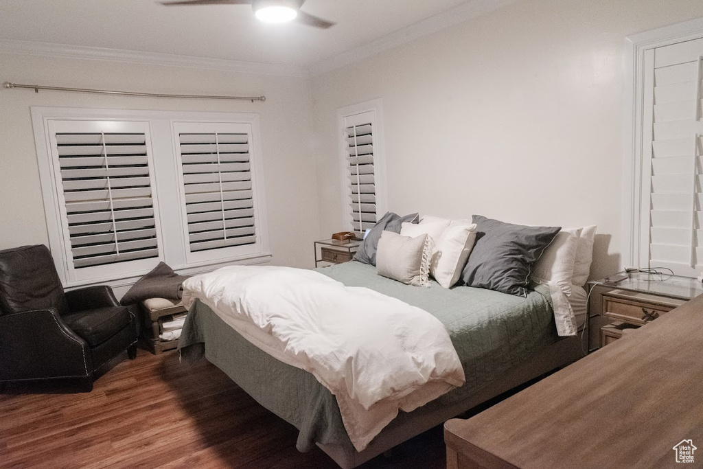 Bedroom with crown molding, dark hardwood / wood-style floors, and ceiling fan