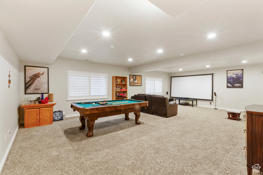 Recreation room featuring light carpet and billiards