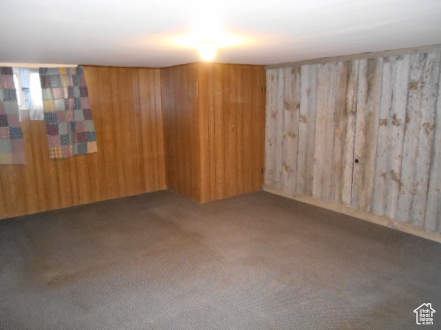 Carpeted empty room with wood walls