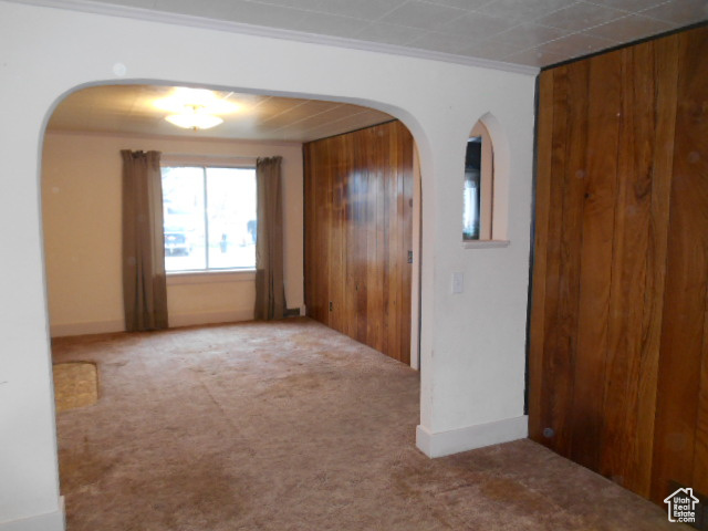Spare room featuring ornamental molding, wood walls, and light colored carpet