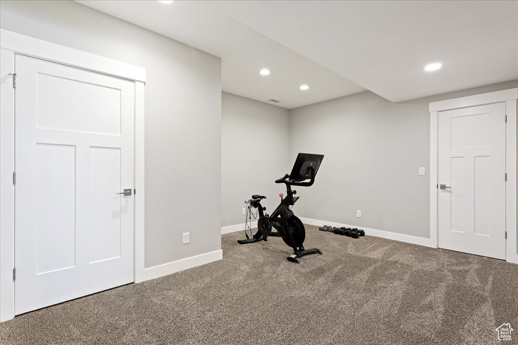Workout room featuring carpet flooring