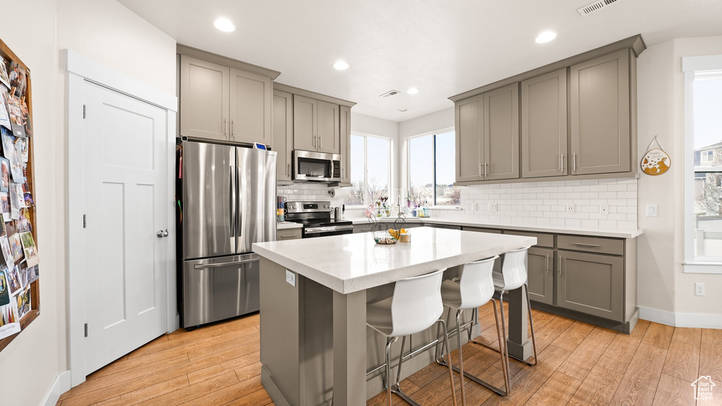 Kitchen featuring light hardwood / wood-style floors, a kitchen island, tasteful backsplash, gray cabinets, and appliances with stainless steel finishes