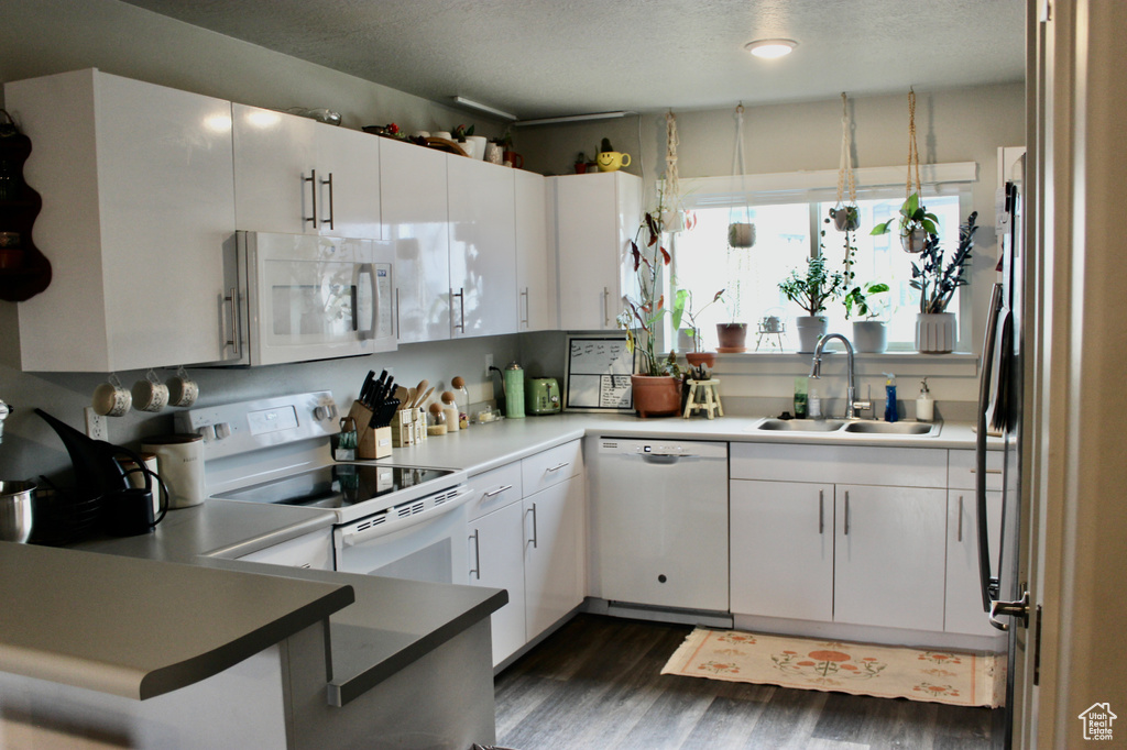 Kitchen featuring white cabinetry, white appliances, sink, tasteful backsplash, and dark hardwood / wood-style flooring