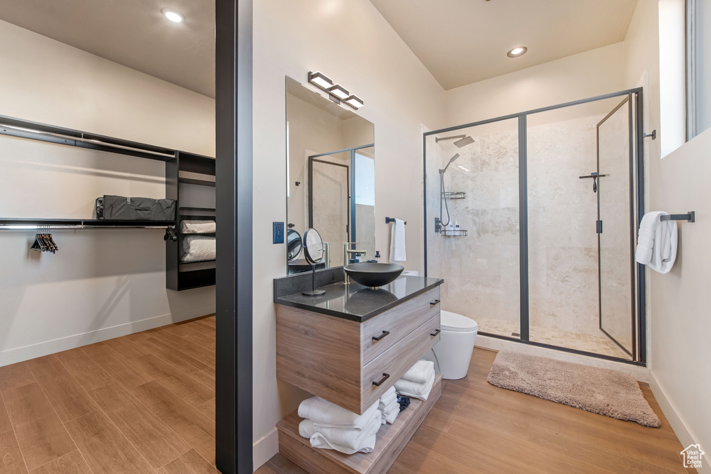 Bathroom featuring vanity, a shower with door, wood-type flooring, and toilet