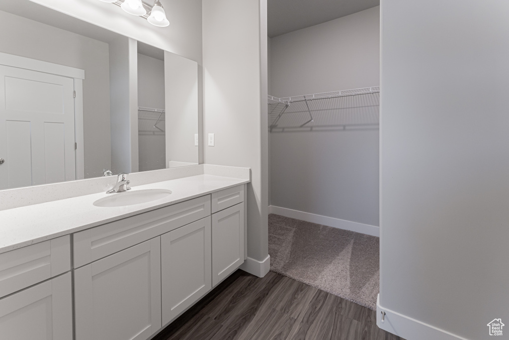 Bathroom featuring wood-type flooring and vanity