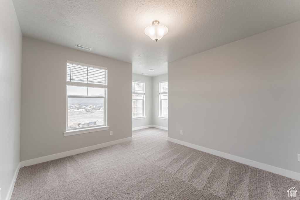 Spare room with light carpet and a textured ceiling