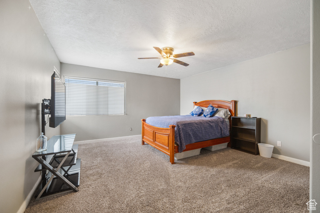 Bedroom featuring carpet, ceiling fan, and a textured ceiling