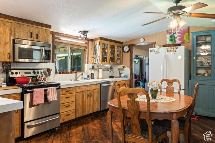 Kitchen with ceiling fan, sink, stainless steel appliances, dark wood-type flooring, and tasteful backsplash