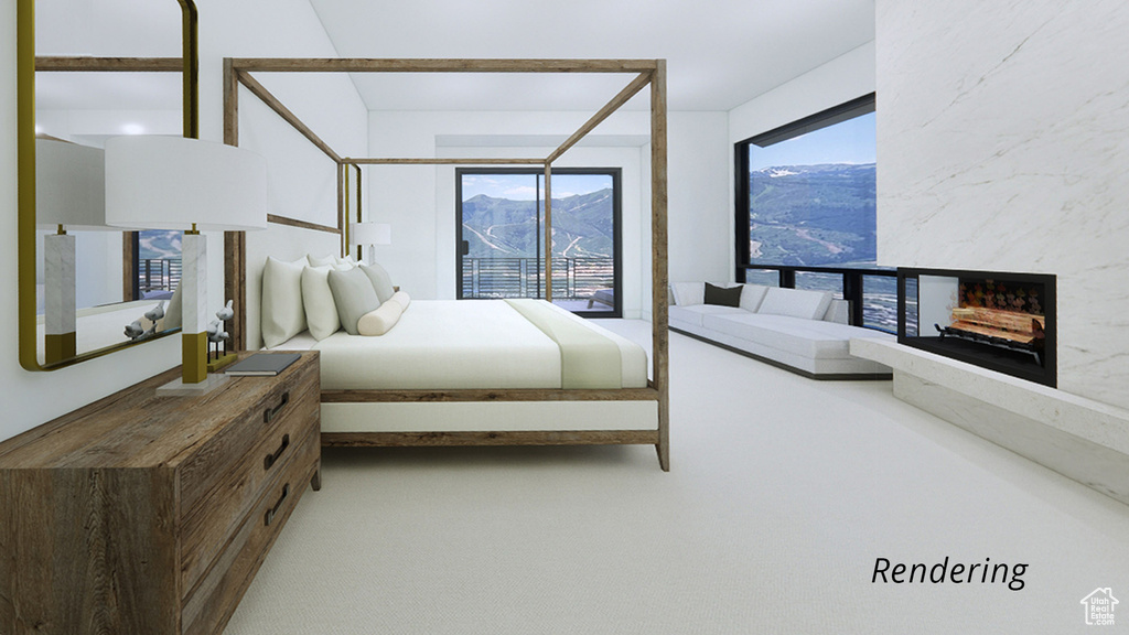 Carpeted bedroom with a mountain view and a premium fireplace