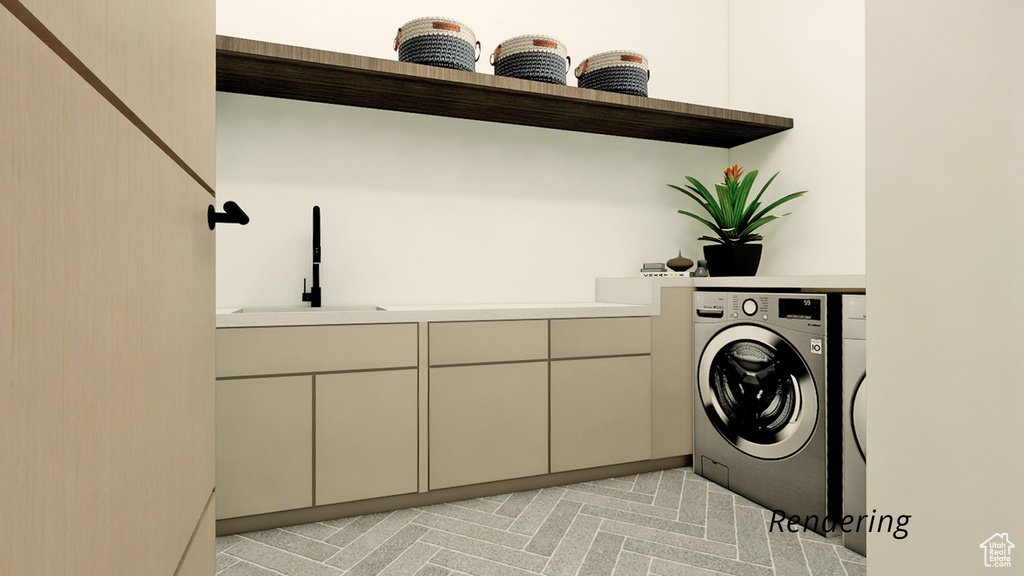 Laundry area featuring light carpet, washer / clothes dryer, cabinets, and sink