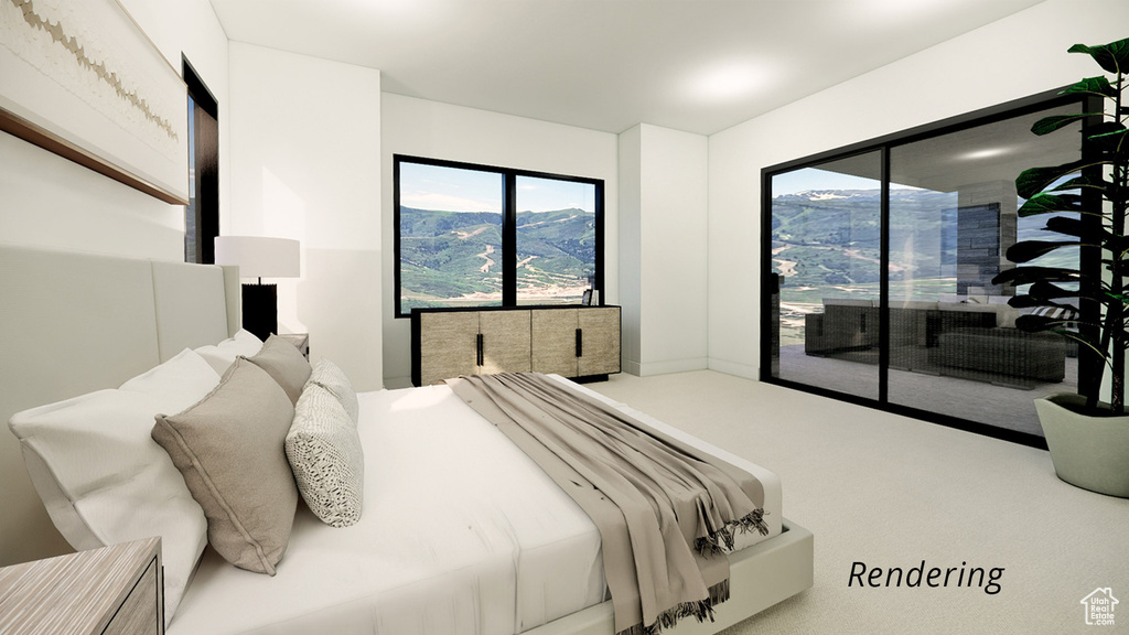 Carpeted bedroom featuring a mountain view and access to outside