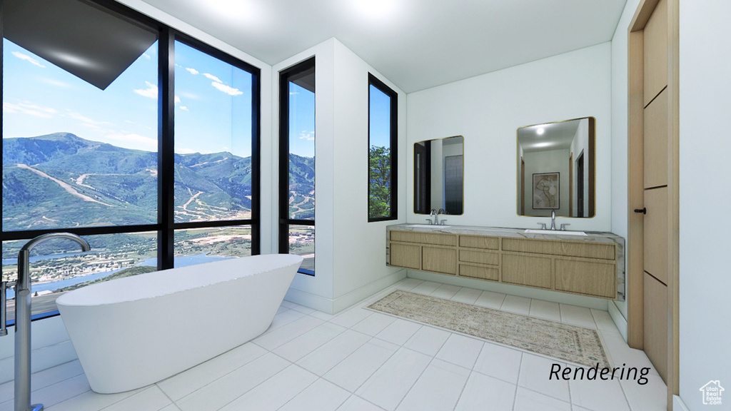 Bathroom featuring a wall of windows, a washtub, tile floors, a mountain view, and dual bowl vanity