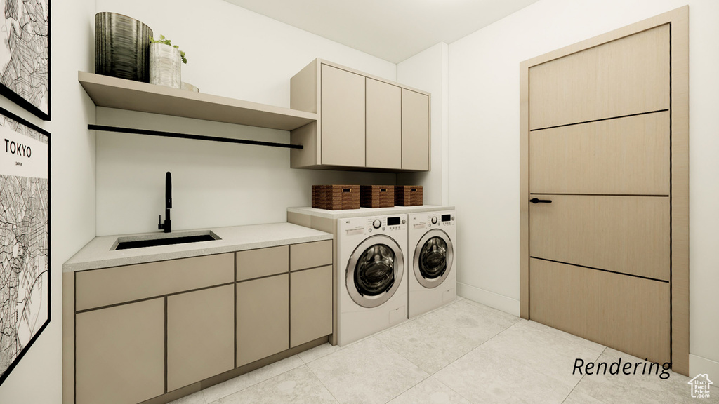 Laundry room with light tile flooring, cabinets, independent washer and dryer, and sink