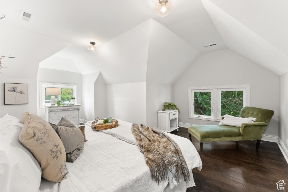Bedroom featuring vaulted ceiling and hardwood / wood-style flooring