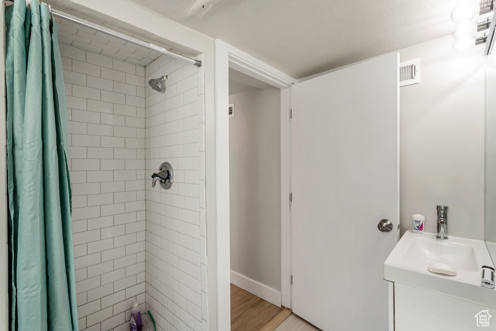 Bathroom featuring vanity, wood-type flooring, and a shower with curtain