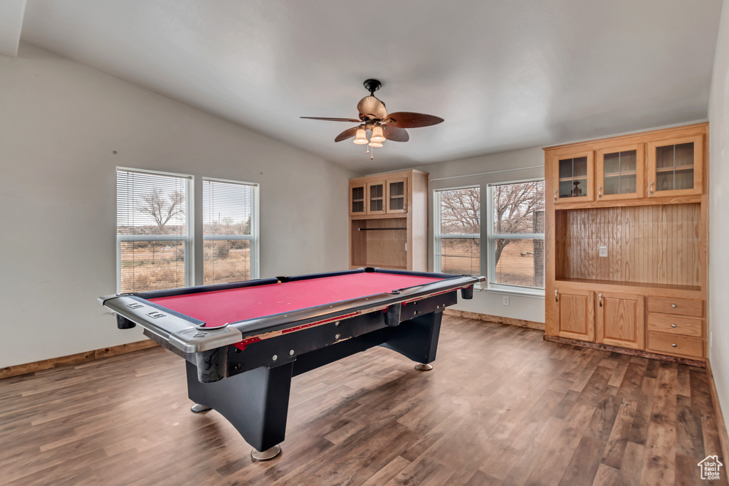 Rec room featuring vaulted ceiling, billiards, ceiling fan, and a wealth of natural light