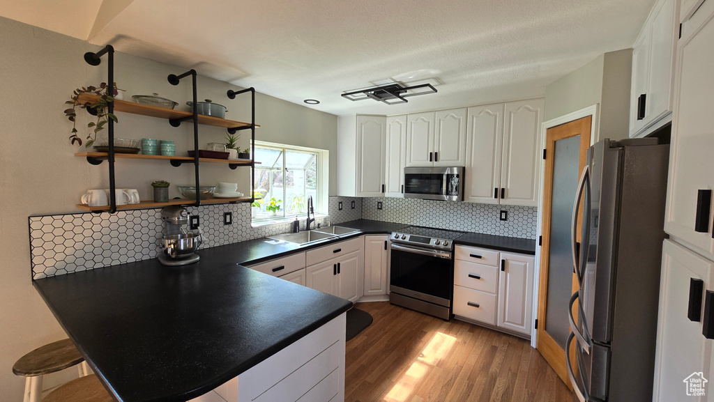 Kitchen with appliances with stainless steel finishes, tasteful backsplash, dark wood-type flooring, and sink