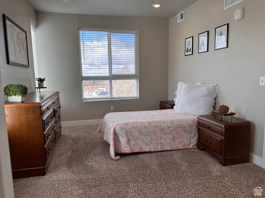 Bedroom featuring multiple windows and carpet