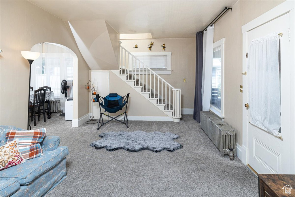 Carpeted foyer entrance featuring radiator heating unit and a wealth of natural light