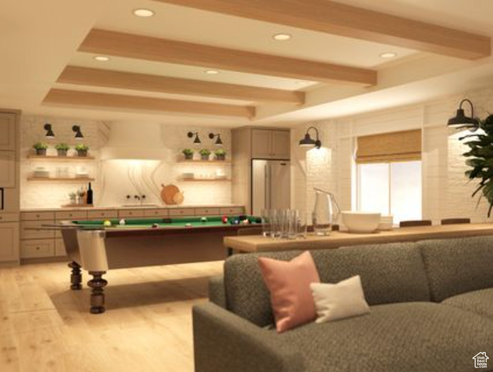 Recreation room featuring beamed ceiling, pool table, and light wood-type flooring