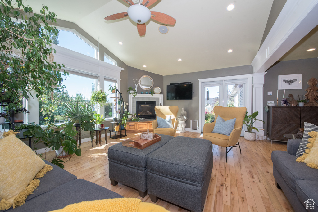 Living room featuring ceiling fan, vaulted ceiling, and light hardwood / wood-style flooring