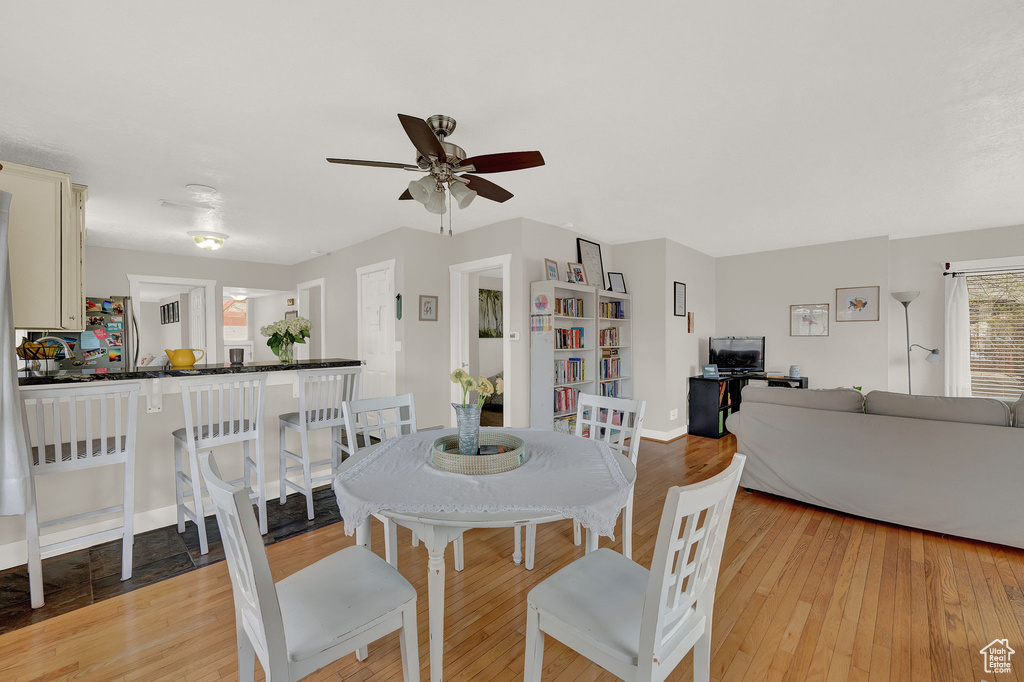 Dining area featuring light hardwood / wood-style floors and ceiling fan