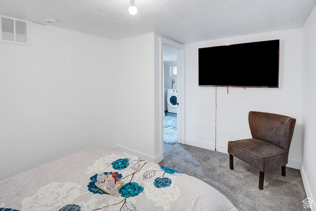 Carpeted bedroom with a textured ceiling and washer / dryer