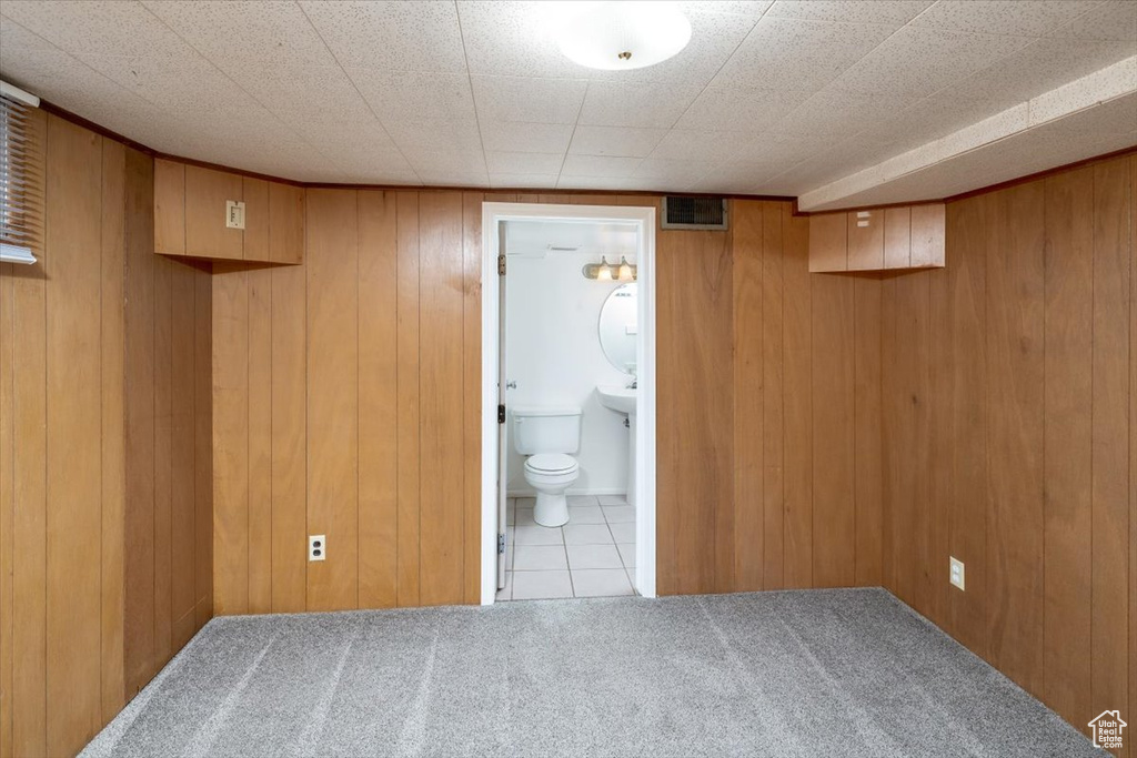 Basement with wooden walls and light colored carpet